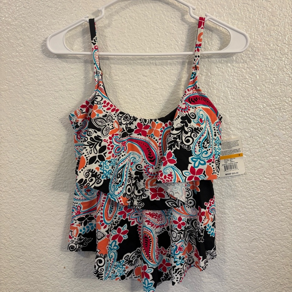 24th & Ocean Printed Tiered Tankini Top Women’s Small Multicolor Paisley Parade - Picture 3 of 6